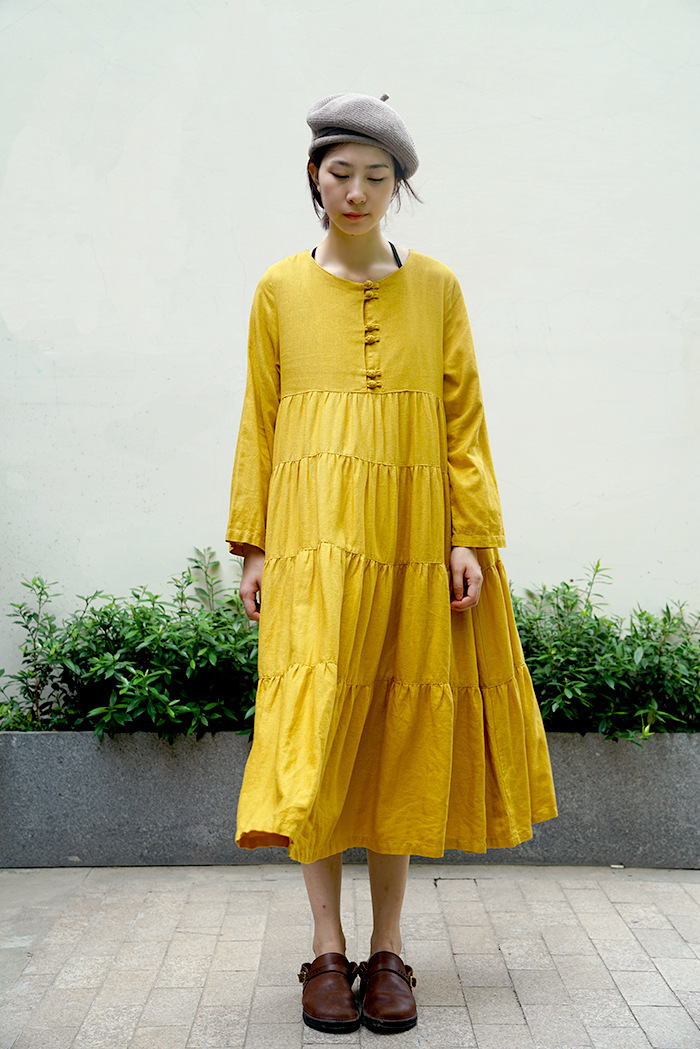 原创亚麻盘扣大摆裙气质女装中国风中长款复古连衣裙l18227