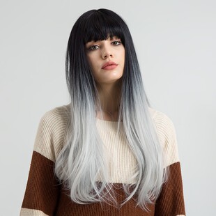 跨境专供欧美女士齐刘海假发头套化纤渐变染色哑光高温丝厂家直销