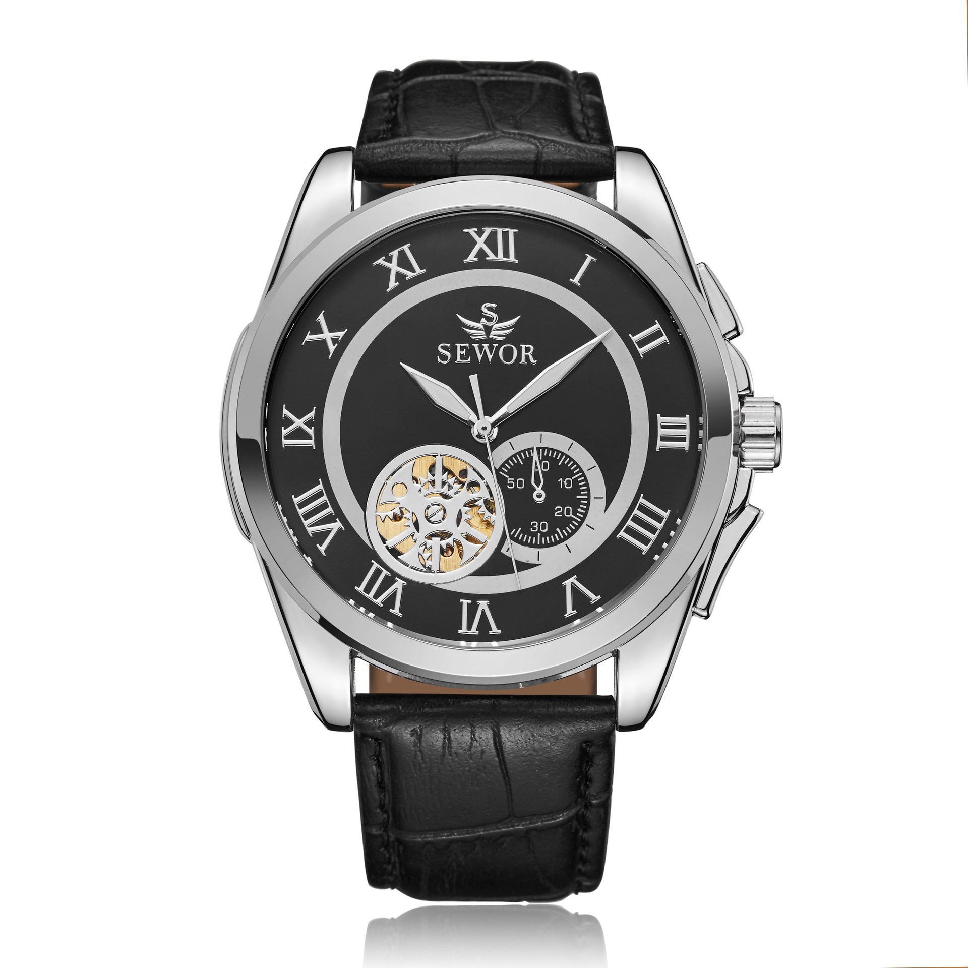 sewor正品机械表 速卖通爆款全自动机械表透底男士手表皮带商务表