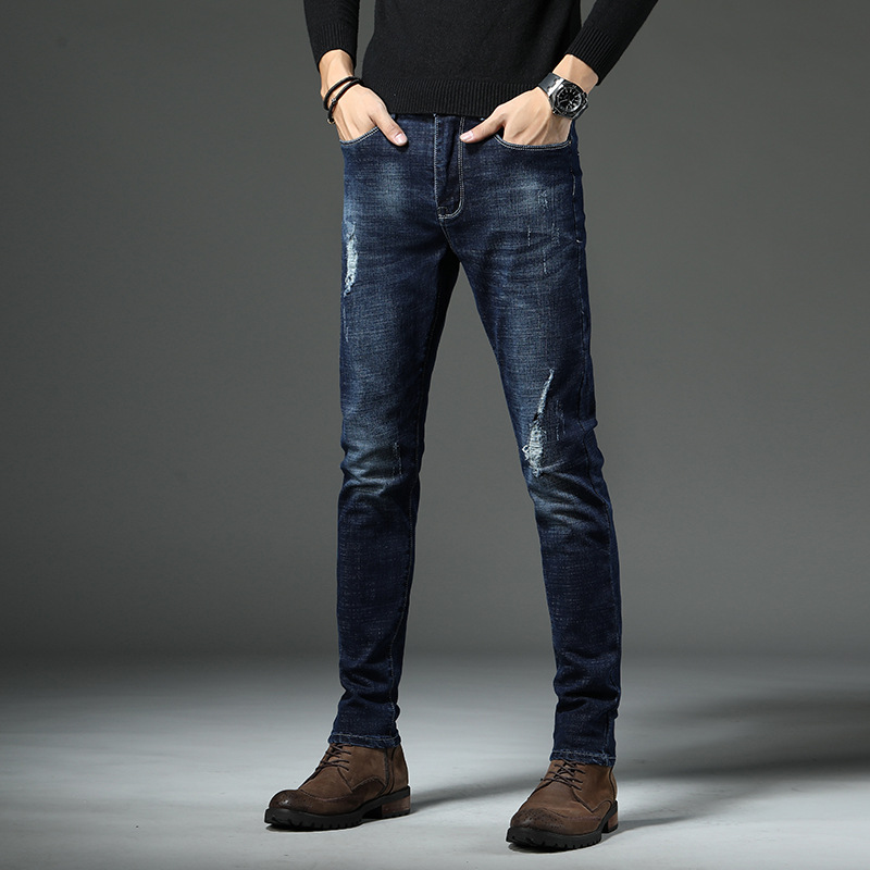 破洞牛仔裤男小脚修身韩版潮流2018冬季新款深色百搭刮烂裤子男厚