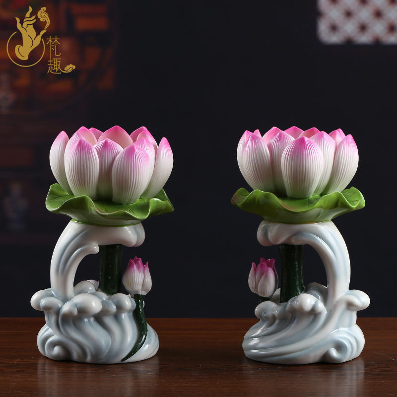 梵趣德化陶瓷莲花酥油灯座供奉 水浪莲花烛台4小时蜡烛灯座陶瓷花