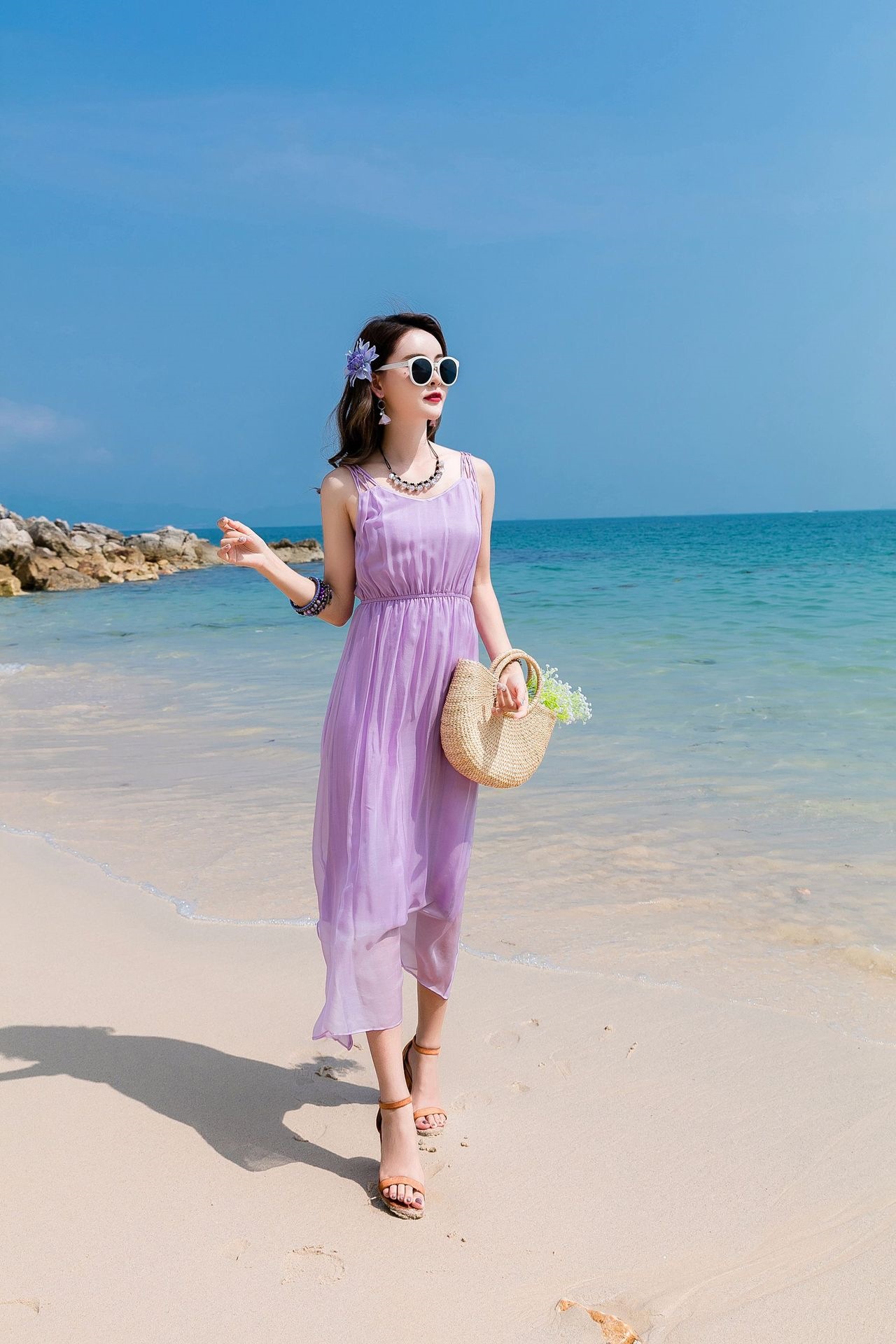 高档真丝连衣裙_高档真丝连衣裙仙女夏季长款背带沙滩裙 批发打包桑