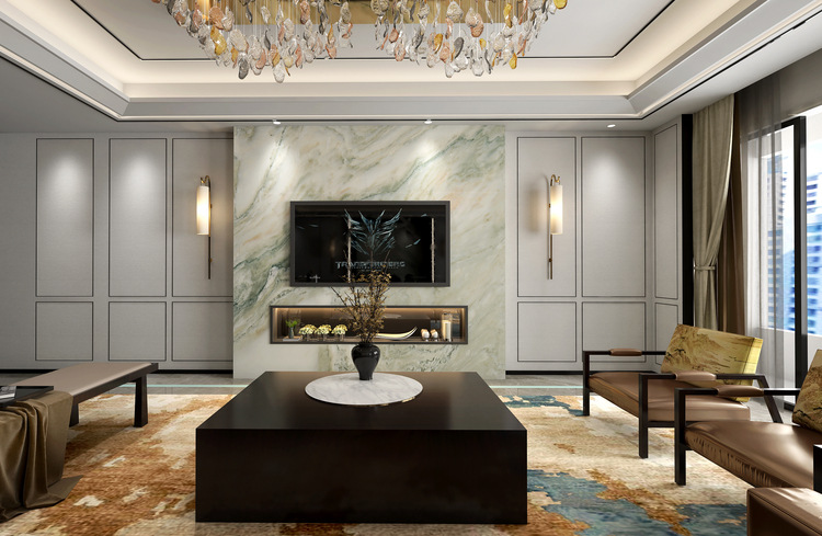 缇香新中式仿大理石纹瓷砖背景墙微晶石瓷砖影视墙工厂背景墙代理