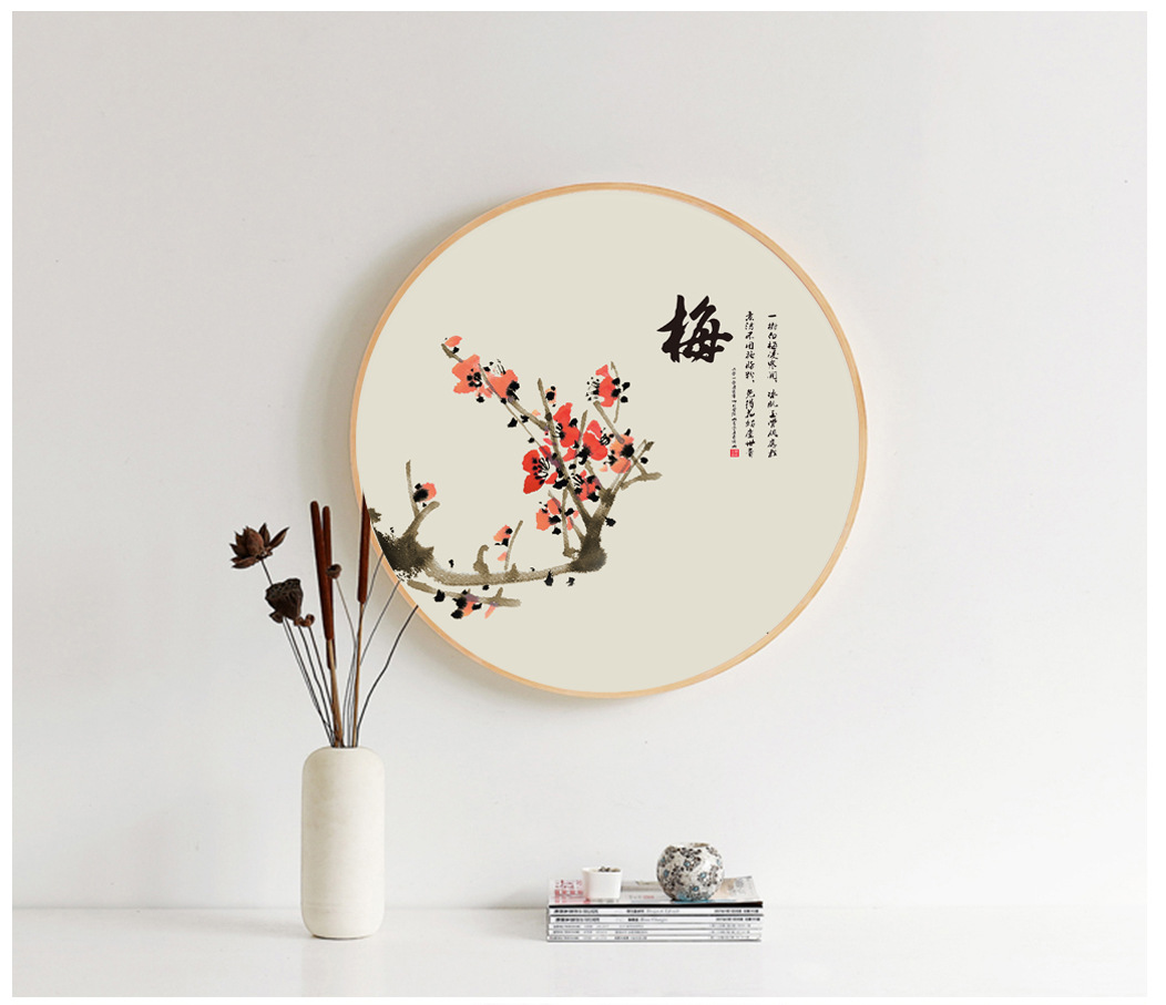 新中式梅兰竹菊实木挂画圆框装饰画圆形画框圆框画圆形挂画玄关画