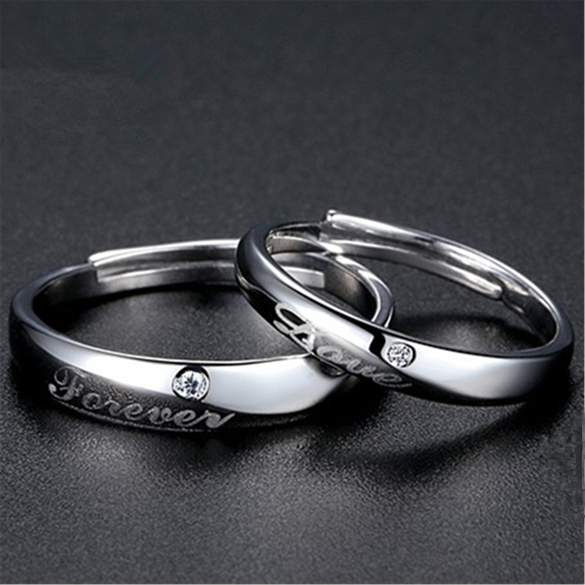 韩版时尚银foreverlove情侣戒指一对镶钻锆石开口抖音同款女订制