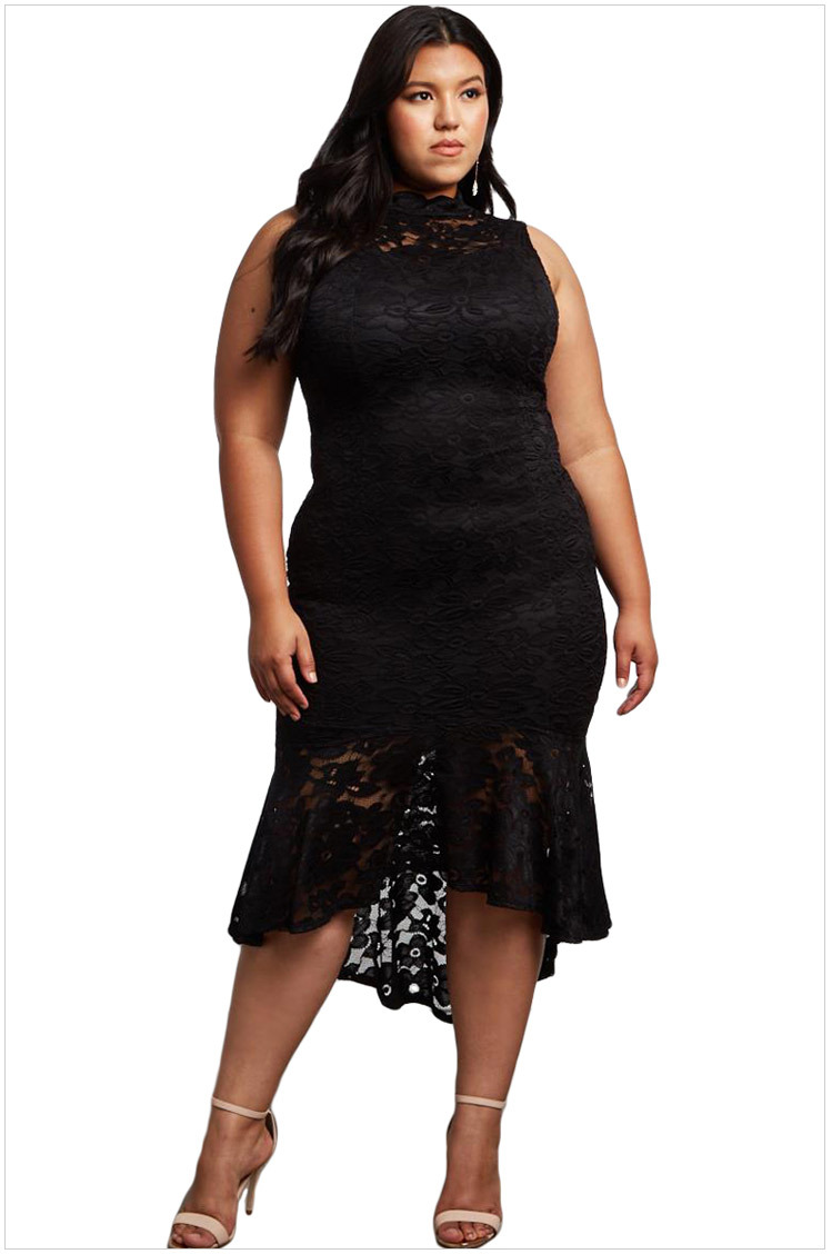 时颖欧美女装加大码连衣裙蕾丝高领无袖侧边拉链迷你礼服610424