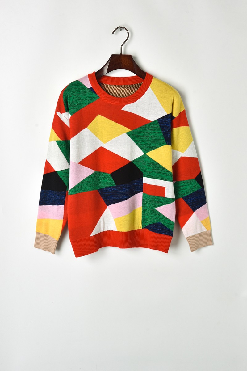 2018秋冬新款撞色七巧板几何图针织衫毛衣厚款针织毛衣女y80833