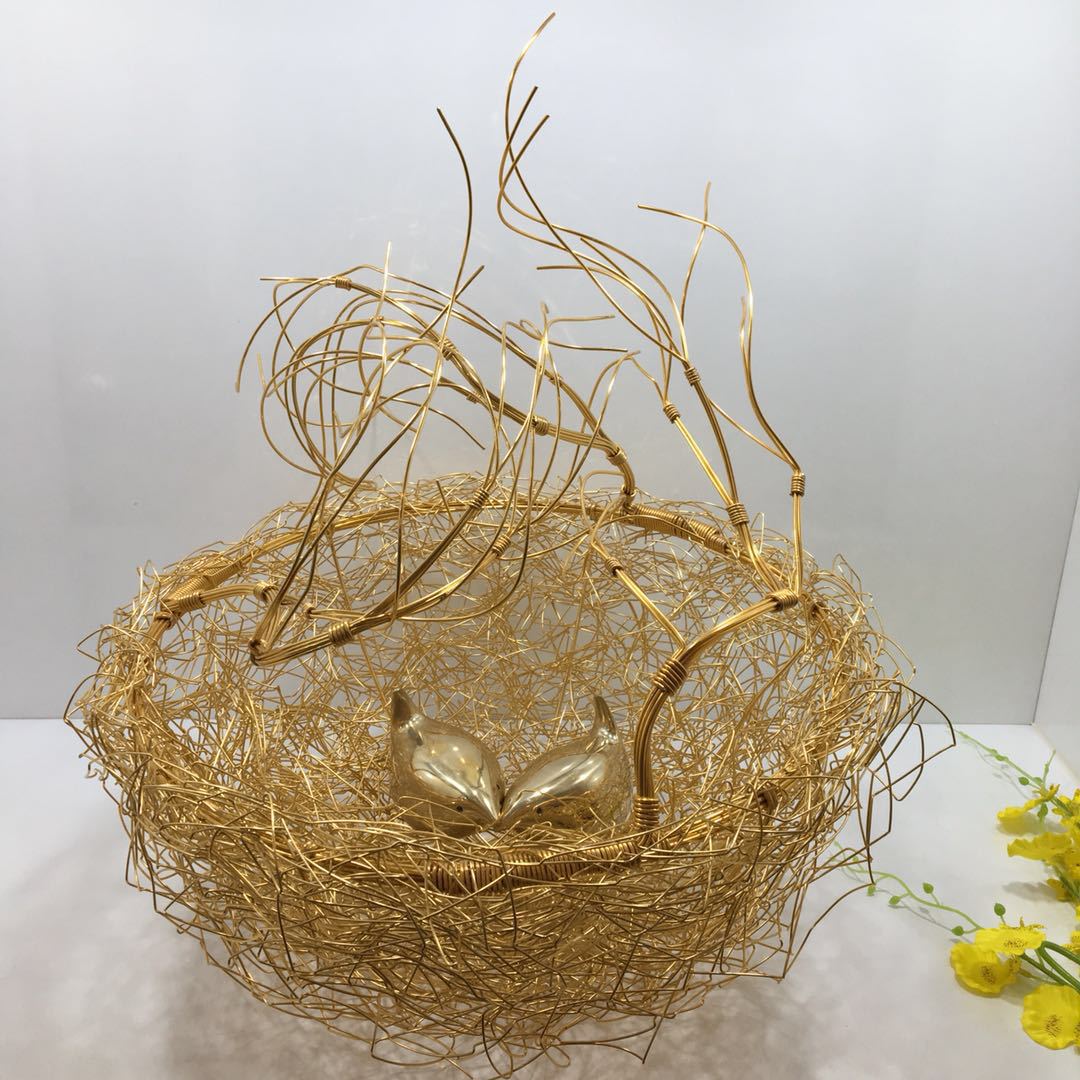 现代美式家居饰品铝材鸟巢摆件创意纯铜小鸟欧式软装设计工艺品
