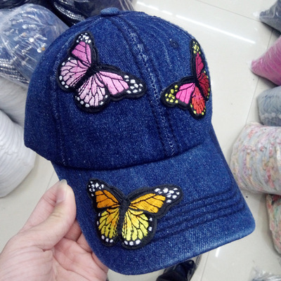 新款三只蝴蝶贴布牛仔棒球帽子女春夏学生户外出游防晒鸭舌帽批发