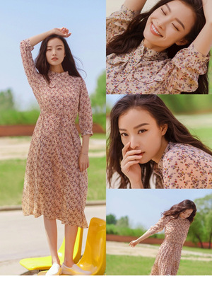 2018夏季新款倪妮明星同款碎花印花雪纺连衣裙女韩版收腰中长款裙