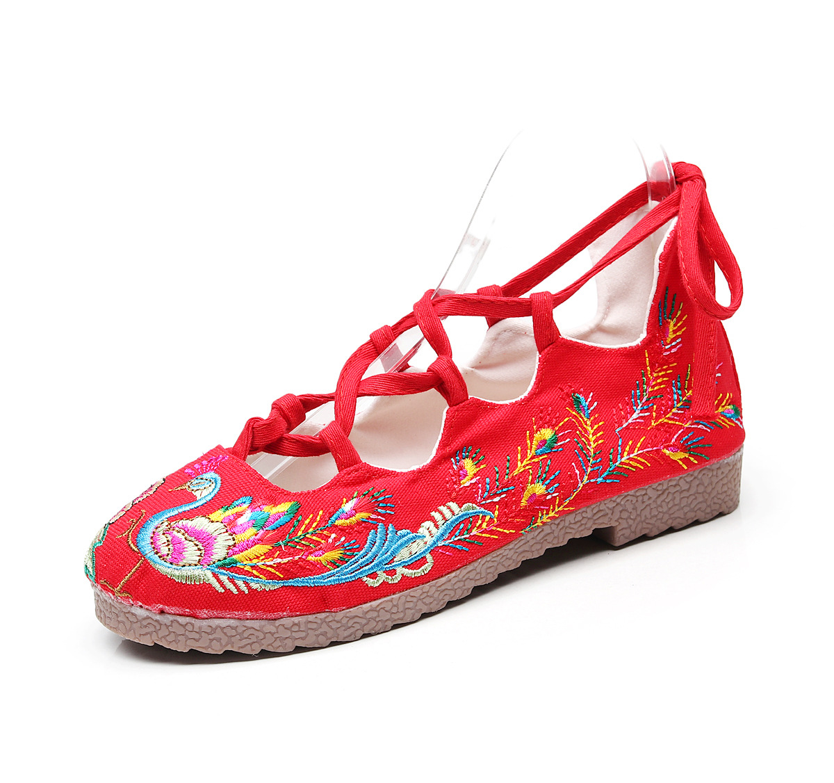 民族风新款系带绑腿鞋休闲孔雀绣花鞋(货号 hs617)