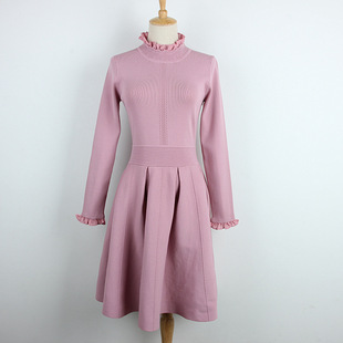 2018春季新款连衣裙袖口领口雪纺拼接裙 淑女修身显瘦针织裙
