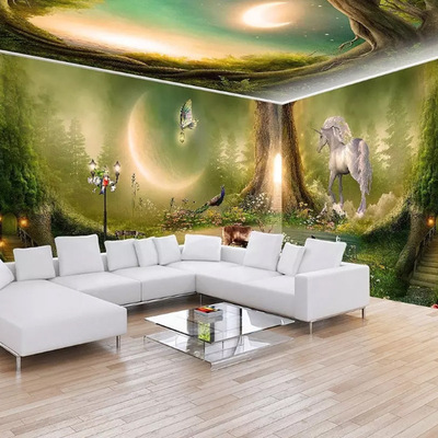 大型绿色奇幻森林全屋背景墙酒店客房主题空间壁画卧室客厅墙纸