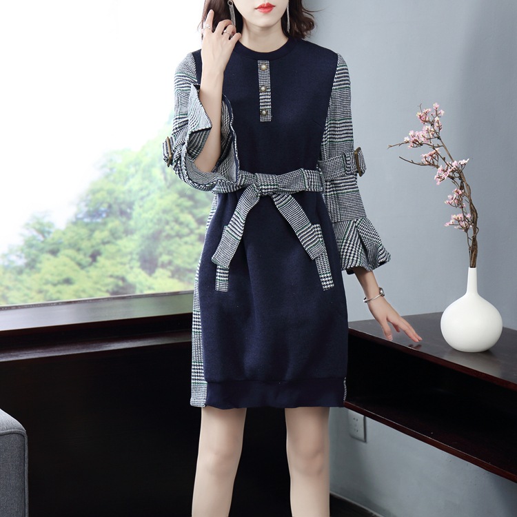 2018秋冬新款名媛小香风圆领喇叭袖针织拼接格纹系带连衣裙188505