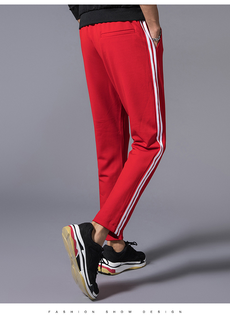大红色运动裤男裤子2018新款学生韩版宽松束脚哈伦裤休闲裤九分裤