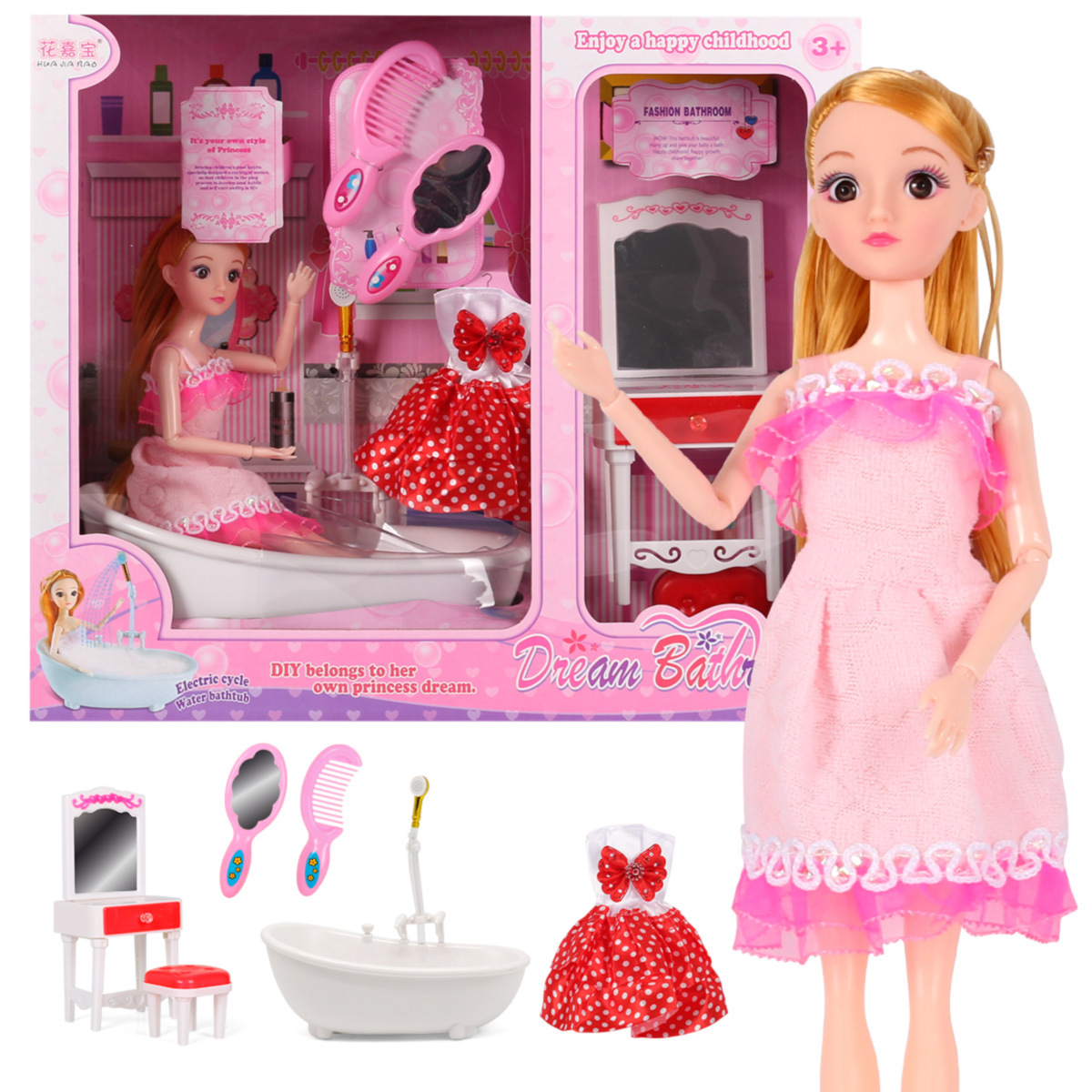 Girls' Play House Toy Barbie Doll Bathtub Electric Water Dressing Table Suit Children's Birthday Gifts