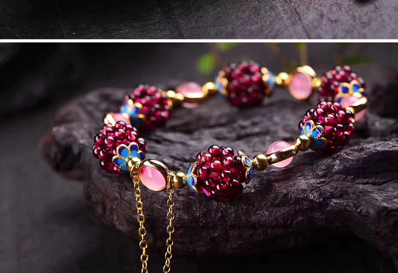 天然石榴石花球手链带流苏 批发编织转运球单圈手链水晶花球手串