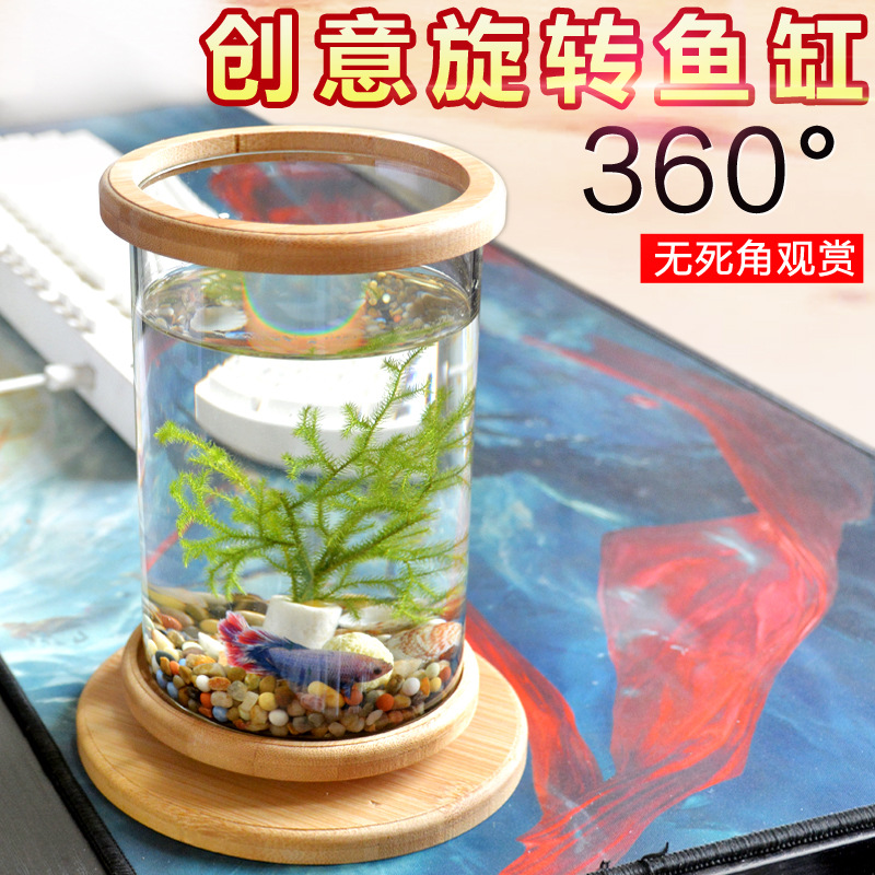 Desktop Glass Flower Container Creative Office Tempered Glass Microview Cylinder Rotating Bedroom Fish Tank Betta Tank Mini Small