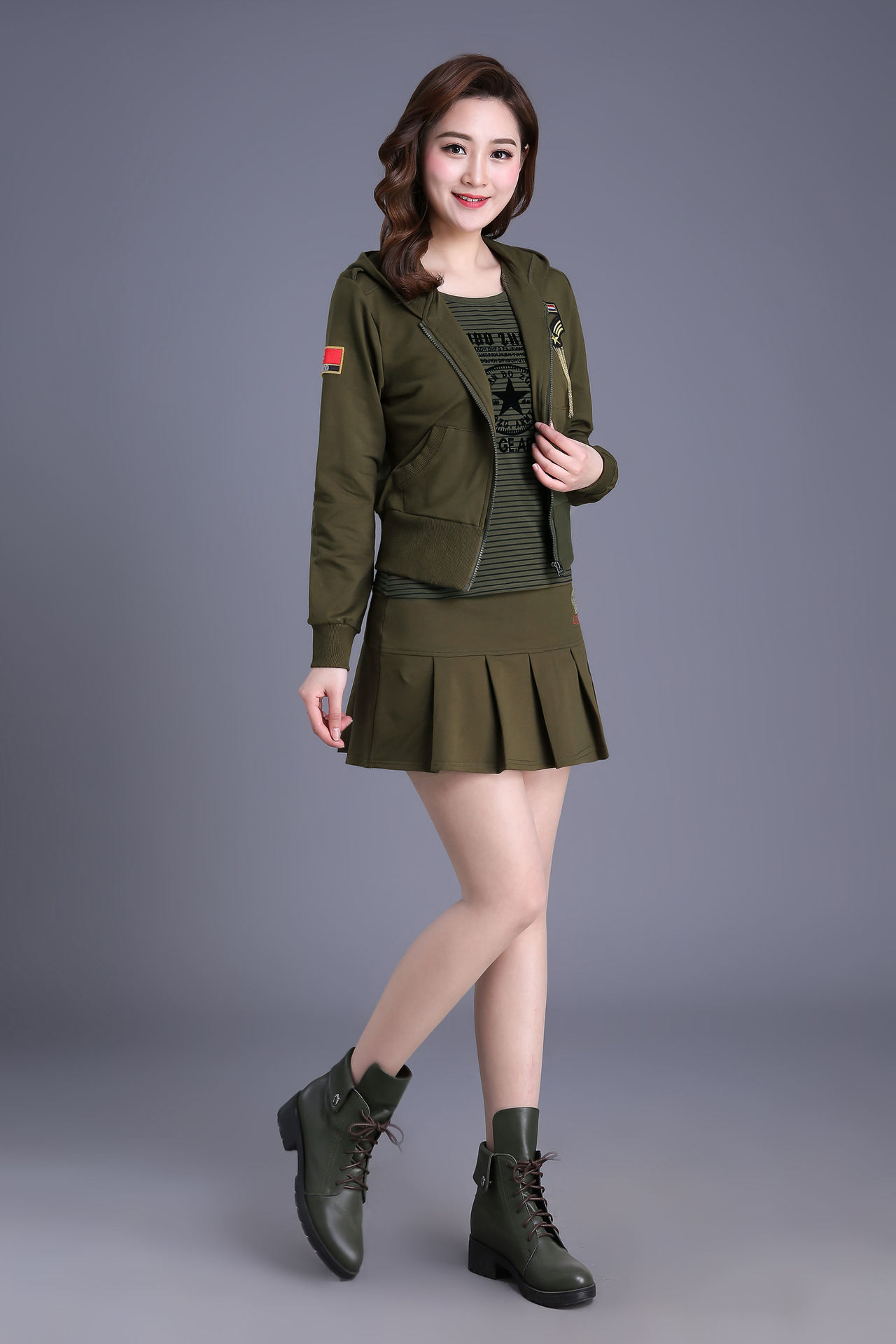 水兵舞服装女 春秋短外套表演服迷彩裙子两件套纯棉军装女广场舞