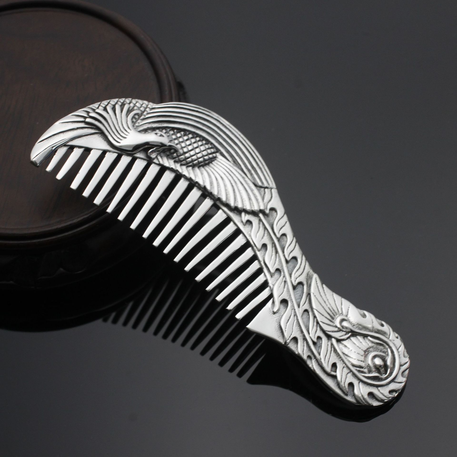 宝艺银饰批发 纯银长把发梳925银 孔雀羽毛银梳子 个性礼物