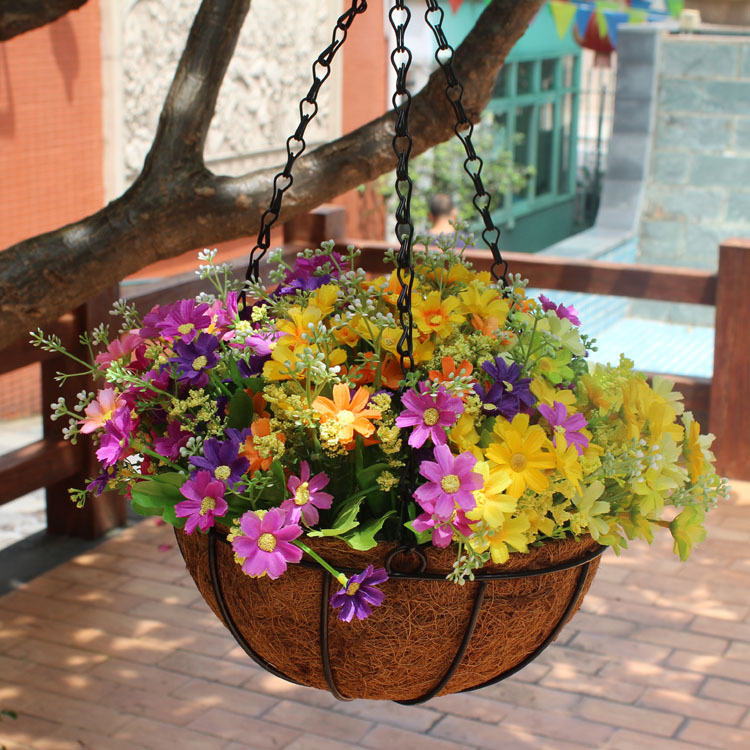 铁艺椰棕花篮插花吊篮仿真花插花 园林工程假花花艺跳兰菊壁花盆
