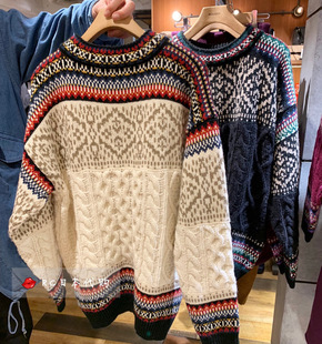 日系m家麻花毛衣女宽松民族风印花复古混色拼色编织套头针织衫