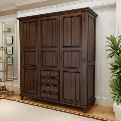 美式乡村三门衣柜全白蜡实木平开门做旧双门白蜡木卧室大衣柜定制