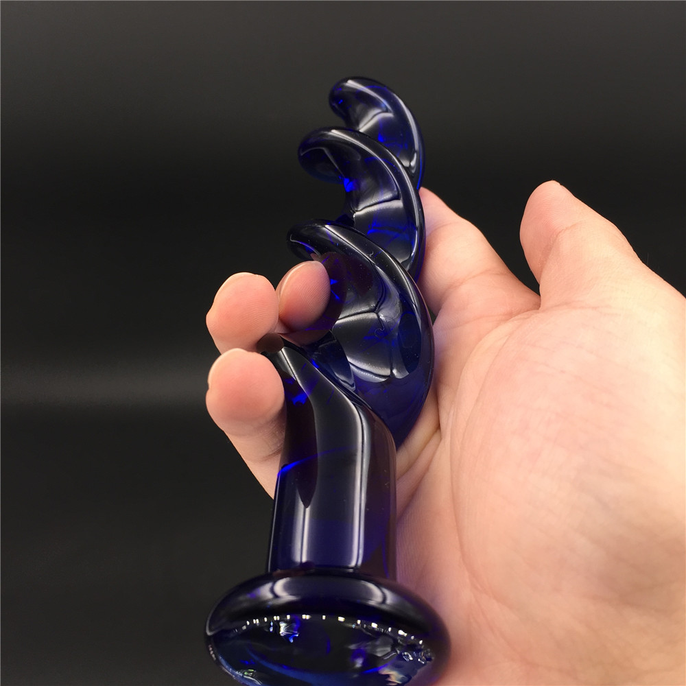zcz蓝螺纹水晶玻璃阳具男女成人用品冰火棒用自慰器具后庭肛门塞