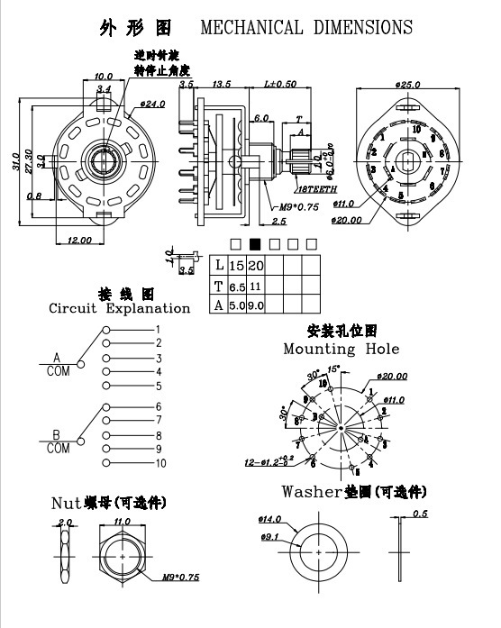 厂家定制rs25波段开关柄长15mm旋转开关23档波段开关