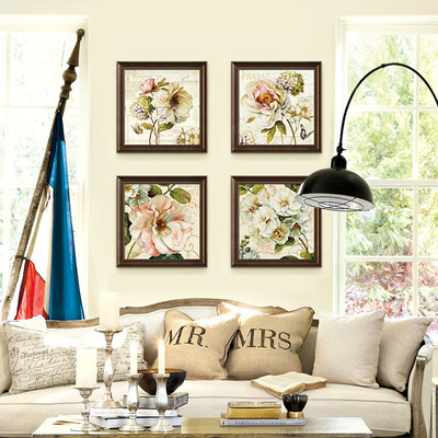 美式乡村玄关壁画简欧田园客厅装饰画温馨花卉四联画餐厅卧室挂画