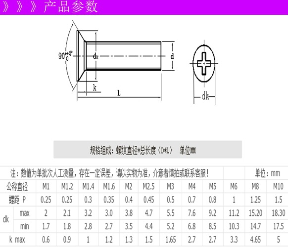 304材质十字槽沉头机丝(国标)图纸