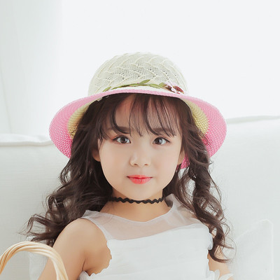 夏季儿童遮阳帽甜美可爱户外轻便防晒盆帽女宝宝花朵印花草编帽