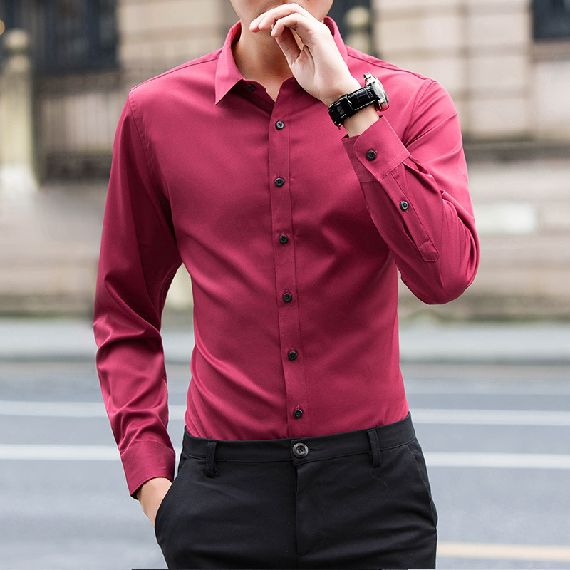 Autumn New Solid Color Slim Fit Long Sleeves Shirt Men's Business Casual Square Collar All-Matching Shirt Youth Trendy Shirt
