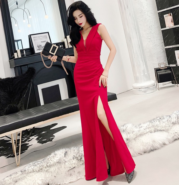 性感新娘敬酒服网纱透视深v西装领无袖包臀开叉鱼尾长连衣裙礼服