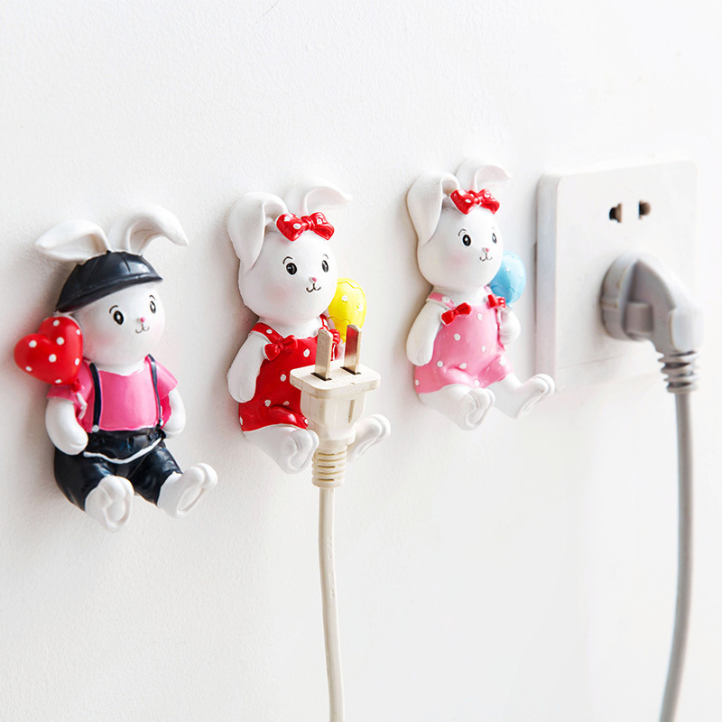 Wholesale Cute Creative Cute Rabbit Shape Plug Hook Sticky Hook Cartoon Resin Socket Power Cord Storage Rack