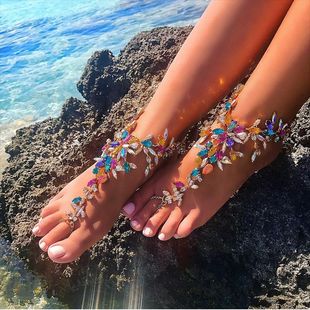 欧洲站速卖通爆款超闪玻璃彩钻沙滩连趾脚链夸张大气手链脚饰批发