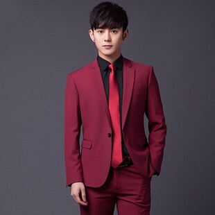 男士修身西服套装 大酒红色 伴郎新郎结婚礼服小西装 (衣服 裤子)