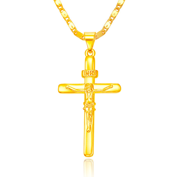 欧美热卖耶稣十字架吊坠黄金 镀24k黄金项链吊坠 情侣款跨镜专供