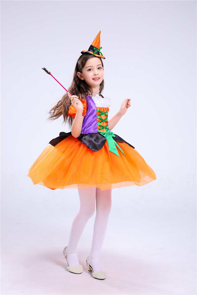 儿童万圣节服装cosplay南瓜女巫黑猫斗蓬牛魔王桔色金色小精灵表