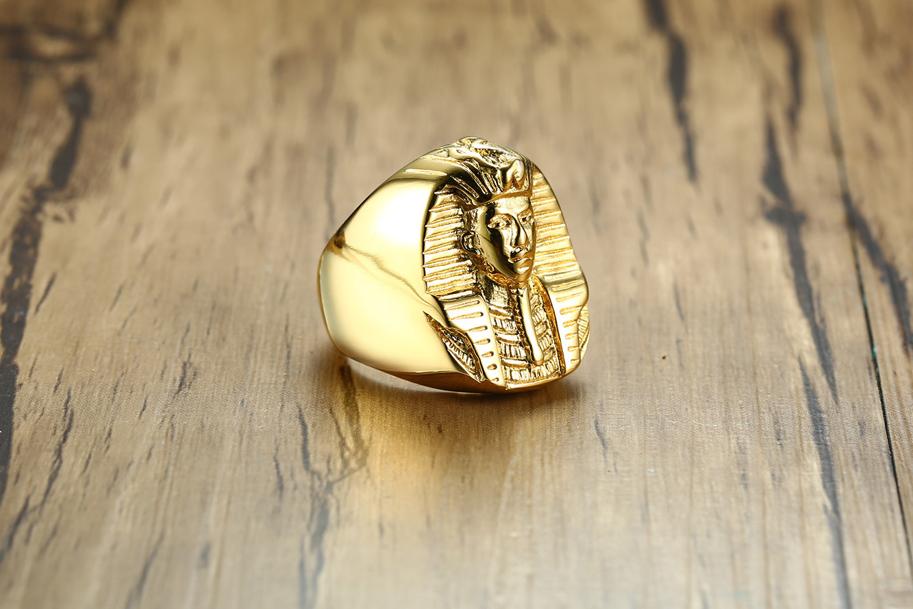 亚马逊潮流饰品批发 27mm不锈钢埃及法老铸造金色男士戒指 rc-404