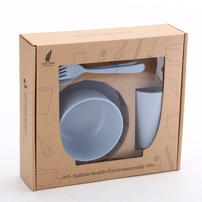 小麦秸秆餐具套装便携勺叉筷日韩六件套杯碟盒装环保可降解小麦碗