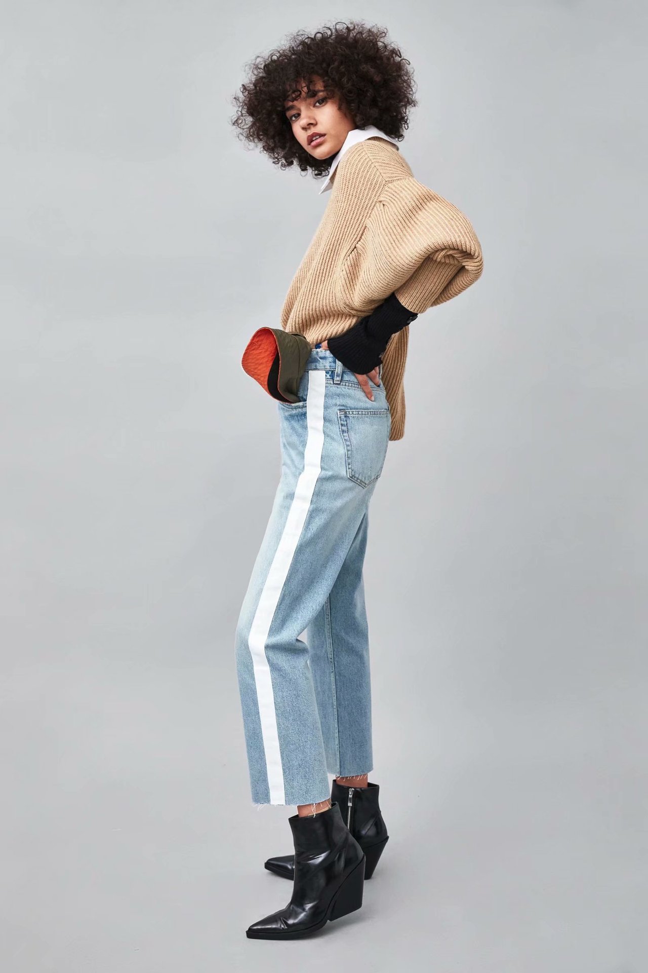 2018秋季欧美女装高腰条纹拼接直筒牛仔裤长裤女