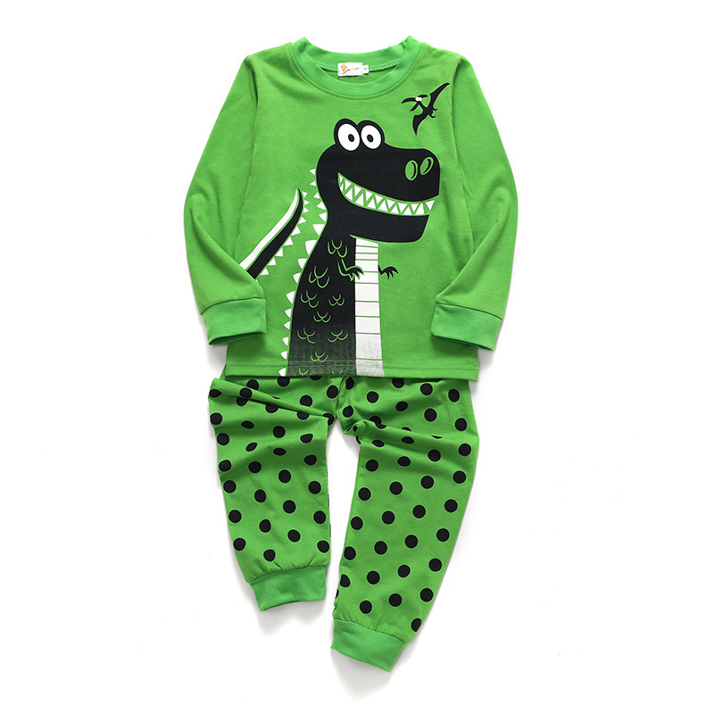 新款秋季外贸童装睡衣  绿色恐龙印花长袖套装棉两件套 厂家直销