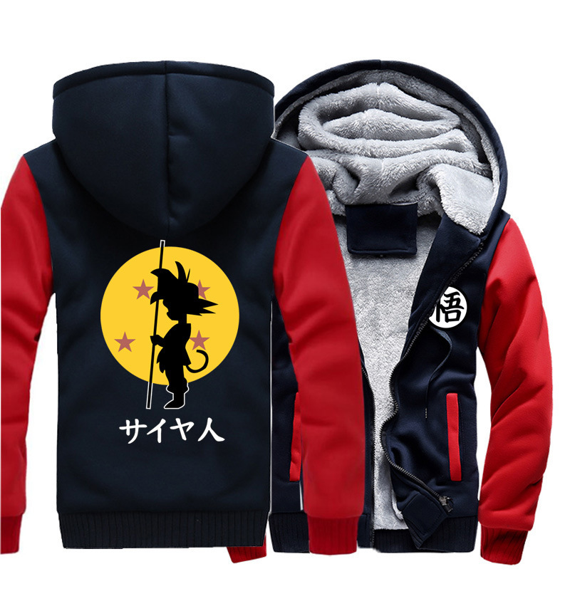 外贸七龙珠 孙悟空男装棉服冬 加绒加厚拉链连帽外套男士 加绒保