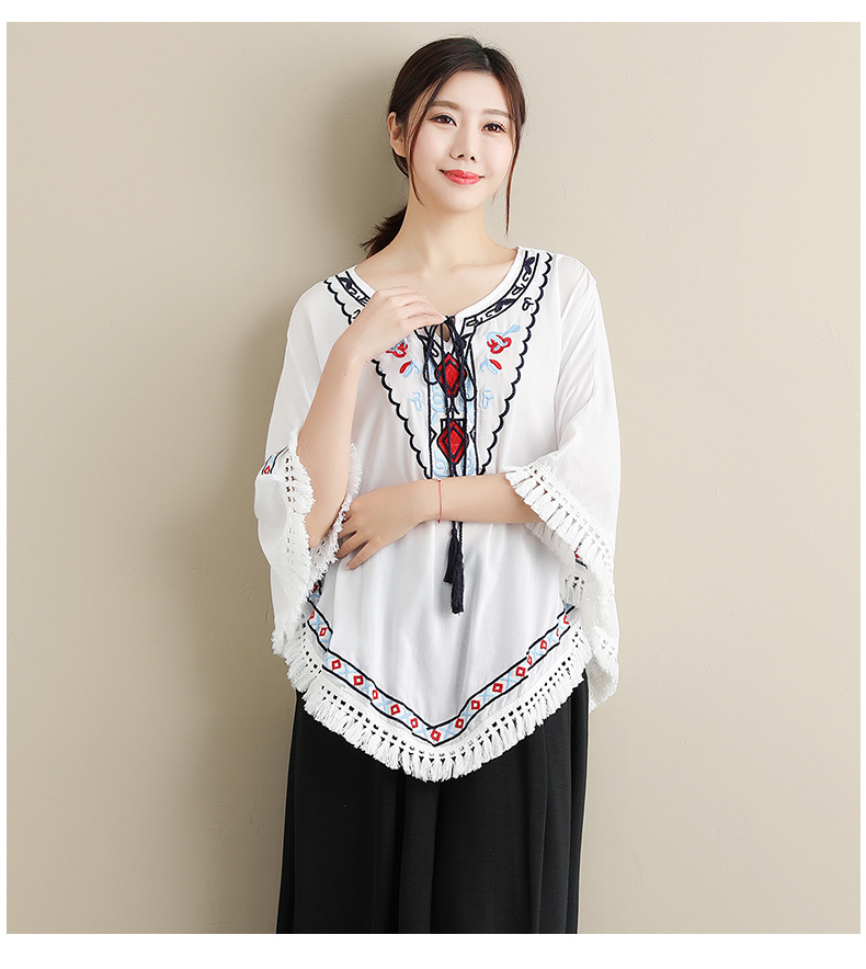 2018夏季新款女士蝙蝠衫复古文艺风宽松款下摆流苏绣花蝙蝠衫t恤