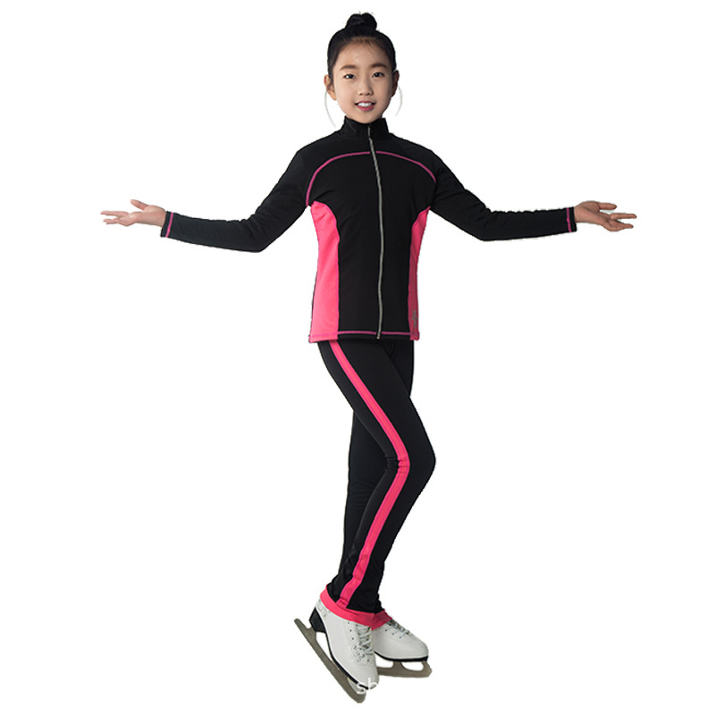 花样滑冰服训练服套装上衣长裤定制儿童成人夹克黑色亲肤加绒宽条
