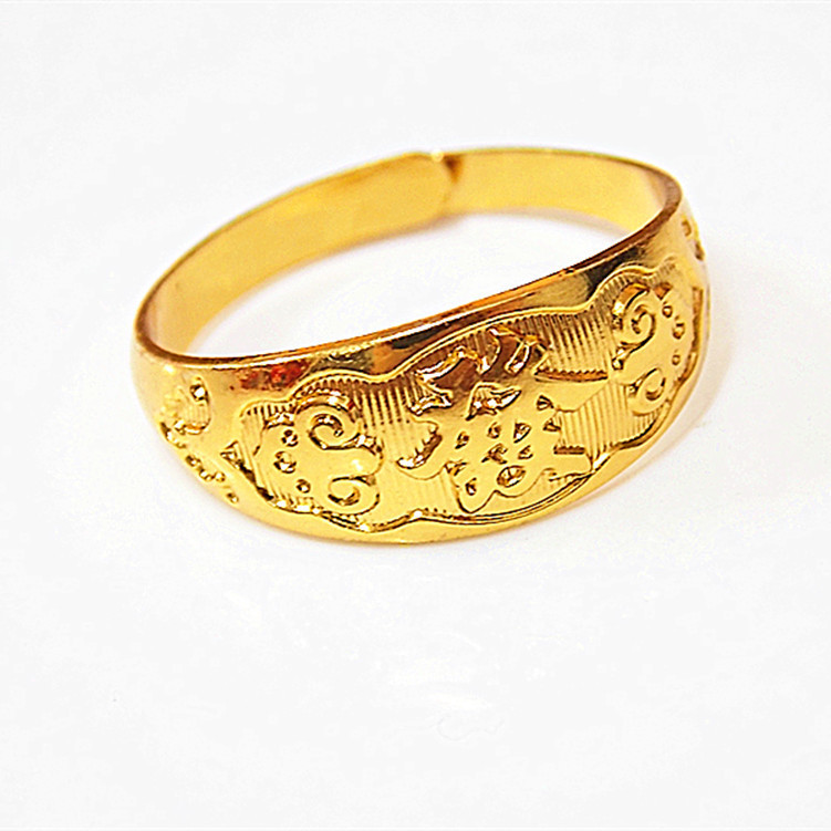 保色镀黄金戒指 雕花汉字指环 情侣男女款仿金戒指 开口老人戒指