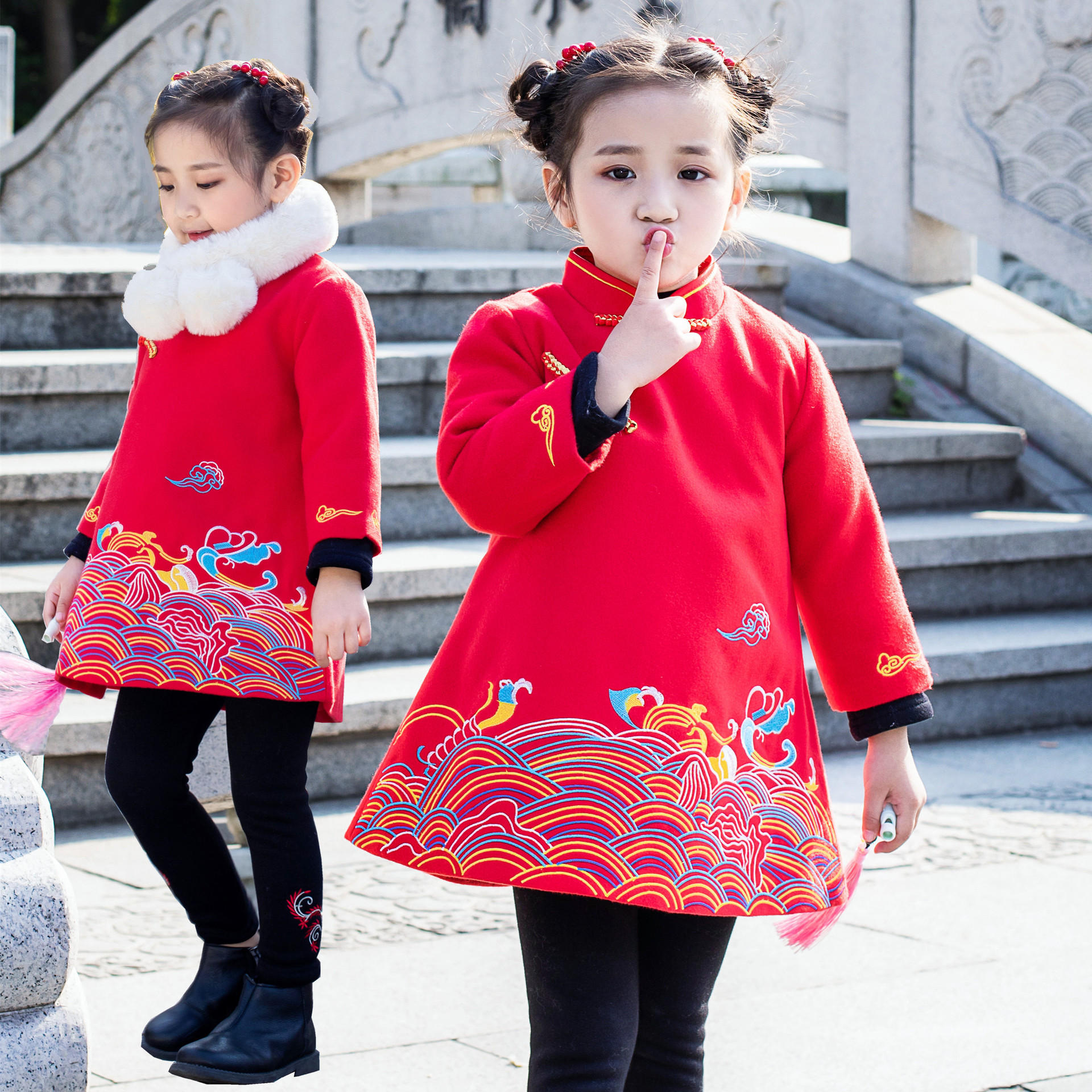 童装 秋款唐装儿童汉服女童拜年服礼服过年喜庆宝宝装女孩新年装