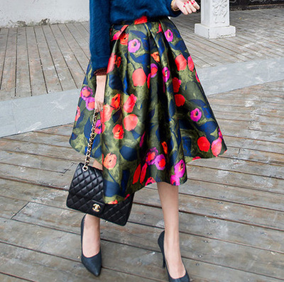 2015新款 复古印花赫本风高腰百褶蓬蓬裙长裙子 彩绘花朵半身裙