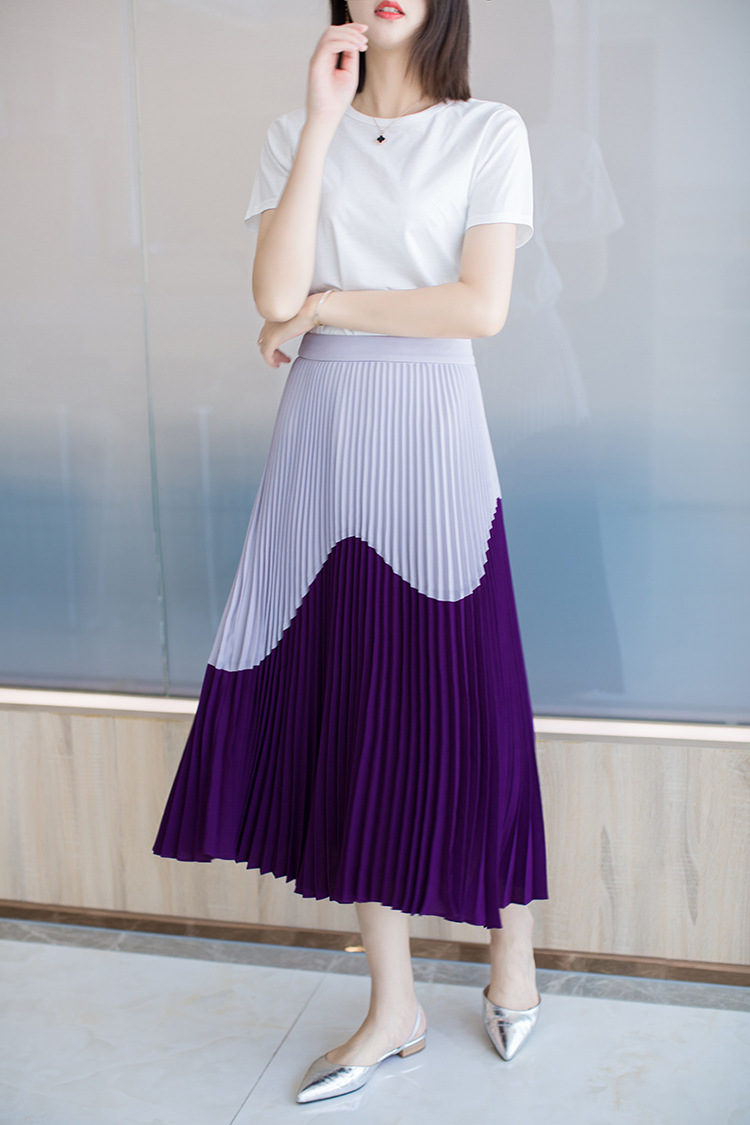 凤舞丝路梦幻紫色系波浪百褶长裙夏季休闲百搭拼色气质百褶裙